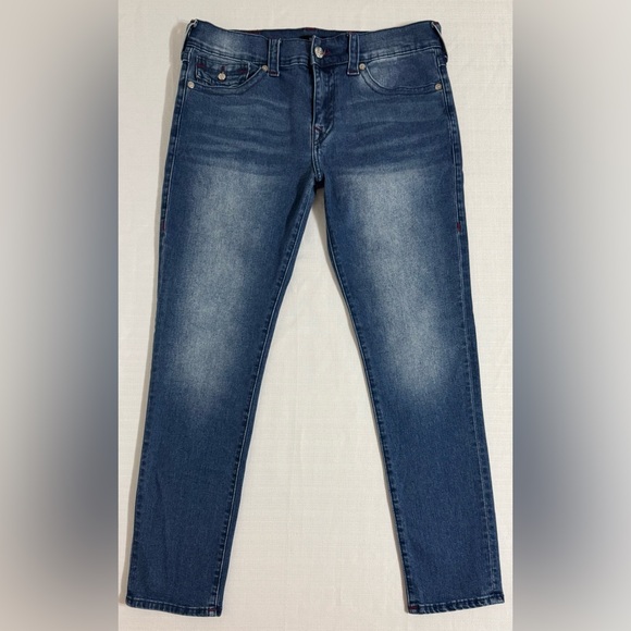 True Religion Jeans Rocco Relaxed Skinny Flap Pocket Red Stitch Blue Size 34x32 - Picture 2 of 14